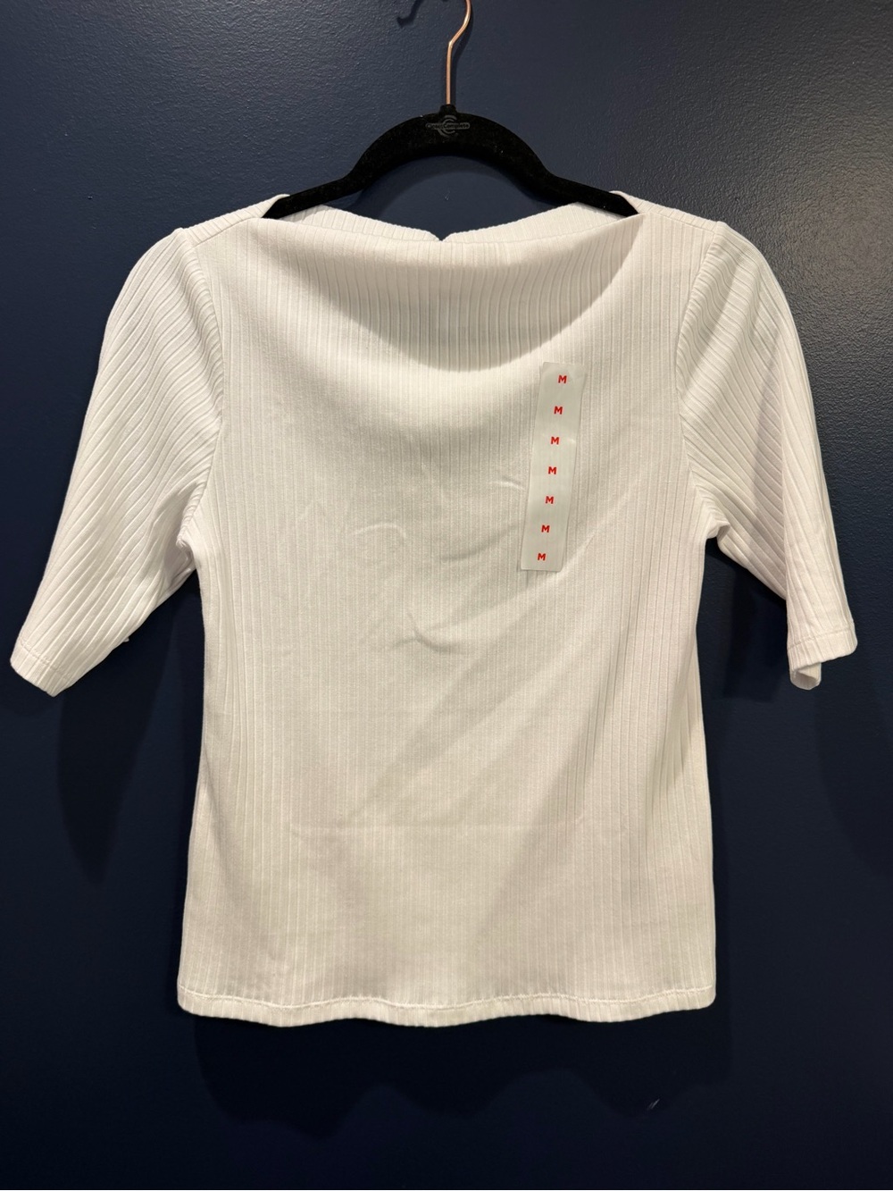 Old Navy White Ribbed Boat Neck Three Quarter Sleeve Top